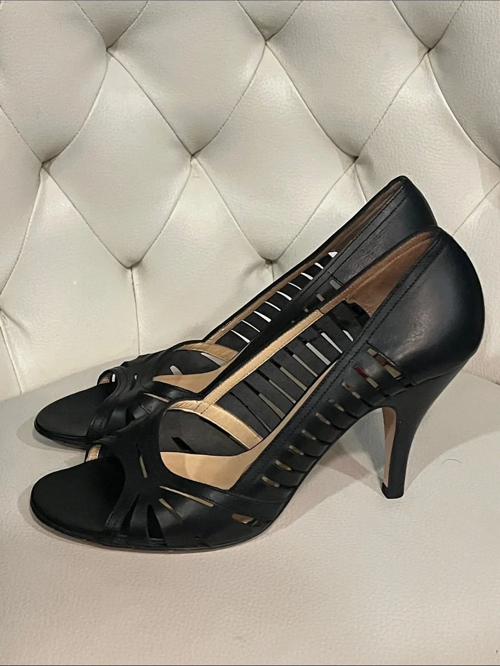 KORS Michael Kors Black Leather Peep-Toe Heels Pump 8.5